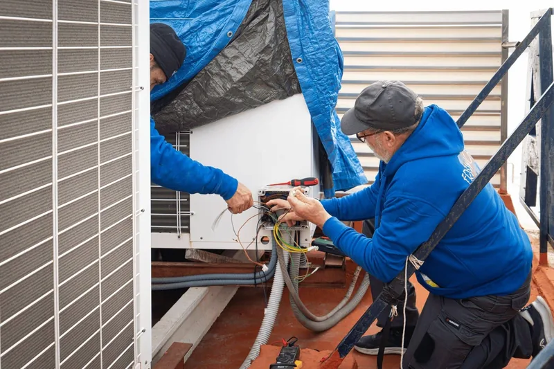 Imagen tomada para la web y los anuncios de Friworks: dos técnicos conectando una unidad exterior de climatización en una azotea